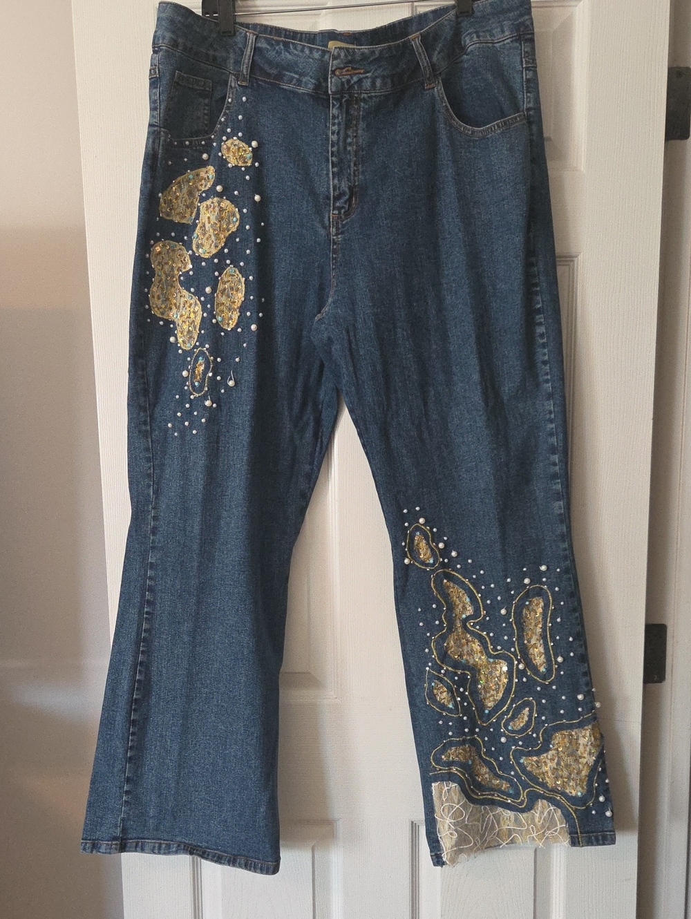 Midnight Velvet Blue Jeans with Gold Sequin Accents